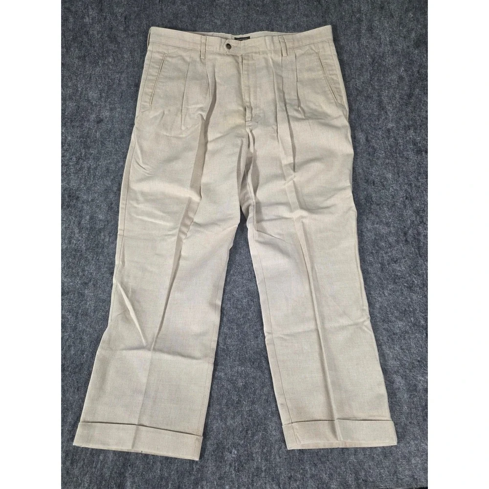 Vintage Dockers Pleated Linen Cotton Trousers Men 40x30 Beige Cuffed Chino Pants